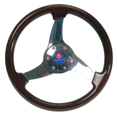 Allpa 3-Spoke Wheel 'Elica' Stainless Steel With Mahogany Rim, Ø350mm, Depth 95mm - 062136 72dpi - 9062136