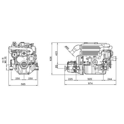 Sol&eacute; Marine Engine Mini 62 35 Hp With Technodrive Gearbox Tm345, R=2.47:1 - 022154 04 72dpi - 9022154