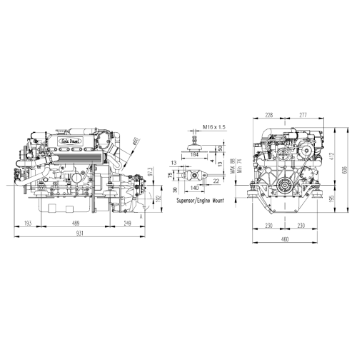 Sol&eacute; Marine Diesel Engine Mini 55 Turbo With Technodrive Gear Box Tm345, R=2.00:1 - 022206 dims new - 9022206