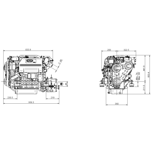 Sol&eacute; Marine Engine Sk-60 With Technodrive Gearbox Tm345, R=2.47:1 - 022348 dims - 9022350
