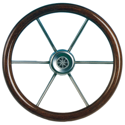 6-Spoke Wheel 'Leader Wood' Stainless Steel with Mahogany Rim, &Oslash;360mm, Depth 195,4mm - 062111 72dpi - 9062111