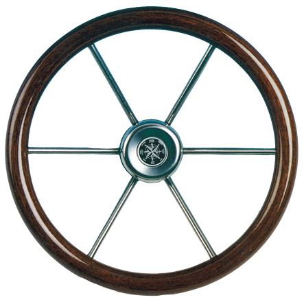 6-Spoke Wheel 'Leader Wood' Stainless Steel with Mahogany Rim, &Oslash;360mm, Depth 195,4mm - 062111 72dpi - 9062111