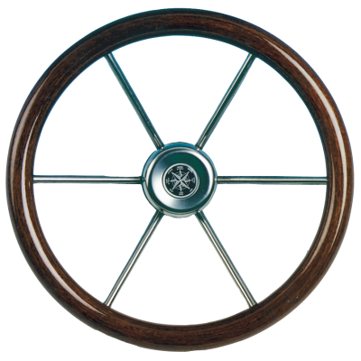 6-Spoke Wheel 'Leader Wood' Stainless Steel with Mahogany Rim, &Oslash;380mm, Depth 95,4mm - 062112 72dpi - 9062112