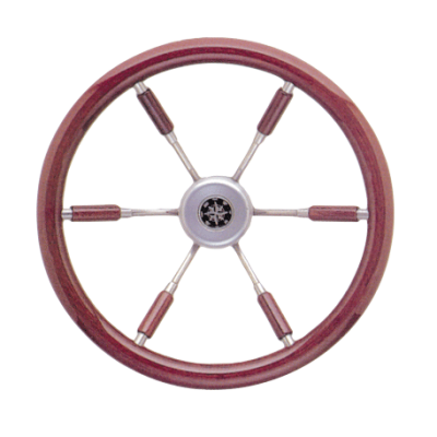 6-Spoke Wheel 'Leader Prestige' Stainless Steel with Mahogany Rim And Part Of The Spokes, &Oslash;380mm, Depth 95,4mm - 062119 72dpi - 9062119