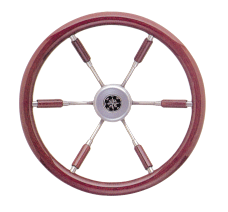 6-Spoke Wheel 'Leader Prestige' Stainless Steel with Mahogany Rim And Part Of The Spokes, &Oslash;380mm, Depth 95,4mm - 062119 72dpi - 9062119