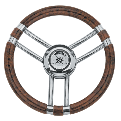 3-Spoke Wheel 'Model 22' Stainless Steel With Walnut-Look Rim, &Oslash;350mm, Depth 60mm - 068711 72dpi - 9068711