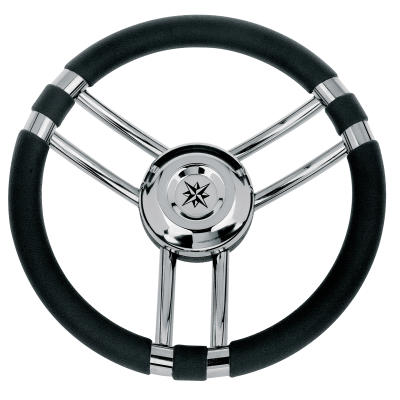 3-Spoke Wheel 'Model 22' Stainless Steel With Black Polyurethane Rim, &Oslash;350mm, Depth 60mm - 068712 72dpi - 9068712