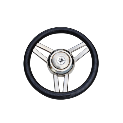 3-Spoke Wheel 'Model 26' Stainless Steel With Black Polyurethane Rim, &Oslash;350mm, Depth 60mm - 068726 72dpi - 9068726