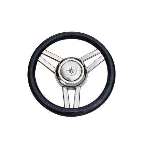 3-Spoke Wheel 'Model 26' Stainless Steel With Black Polyurethane Rim, &Oslash;350mm, Depth 60mm - 068726 72dpi - 9068726