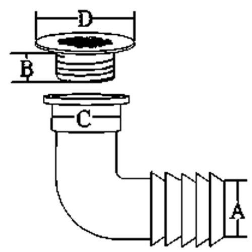 Stainless Steel Discharge 90&deg; With Grid, Dims. A=38mm, B=33mm, C=63mm, D=90mm (Plastic Elbow) - 078688 01 72dpi - 9078688