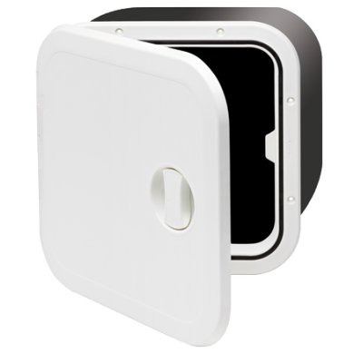 Plastic Hatch, 374x374x250mm, 1x Handle, 180&deg;, White (Cover And Hinge Removable) - 484224 72dpi - 484224