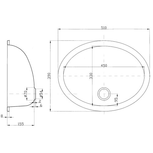 Stainless Steel Sink, Oval, Outside 510x390mm, Depth 167mm - 488051 01 72dpi - 488051