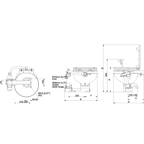Johnson Pump AquaT Manual Toilet, Compact Vitreous China Bowl, Inlet &Oslash;19mm, Outlet &Oslash;38mm (Soft-Close) - 668047229dims 72dpi 1 - 66804722901