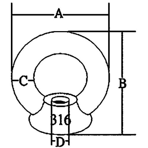 Stainless Steel Eye Nut, A=33mm, B=36mm, C=8mm, D=8mm - 9078720 1 - 9078720