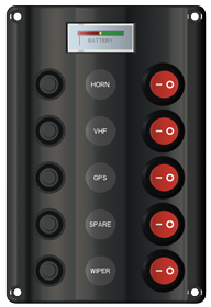 Plastic Circuit Panel, 12v, 5-Position & Led-Indicators, Automatic Fuses, Dims. 160x107mm, Splash Proof, 1x5a, 2x10a, 2x15a Fuses - L0610225 72dpi - L0610225