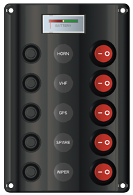 Plastic Circuit Panel, 12v, 5-Position & Led-Indicators, Automatic Fuses, Dims. 160x107mm, Splash Proof, 1x5a, 2x10a, 2x15a Fuses - L0610225 72dpi - L0610225