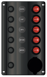 Plastic Circuit Panel, 12v, 5-Position & Led-Indicators, Automatic Fuses, Dims. 180x107mm, Splash Proof, 1x5a, 2x10a, 2x15a Fuses - L0610226 72dpi - L0610226