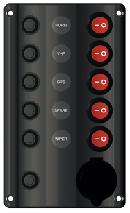Plastic Circuit Panel, 12v, 5-Position & Led-Indicators, Automatic Fuses, Dims. 180x107mm, Splash Proof, 1x5a, 2x10a, 2x15a Fuses - L0610226 72dpi - L0610226